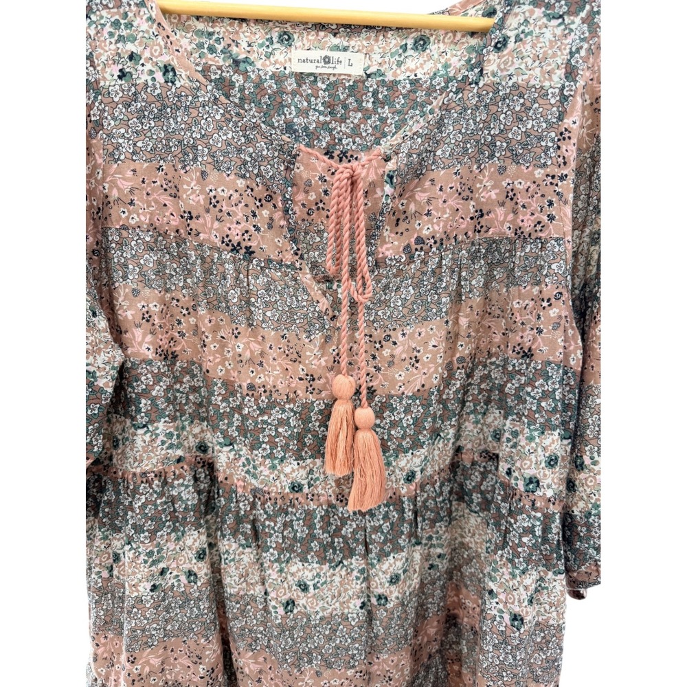 Natural Life Womens Floral Tiered Tunic Mini Dress Cotton Boho Tassel L Prairie - Picture 2 of 4